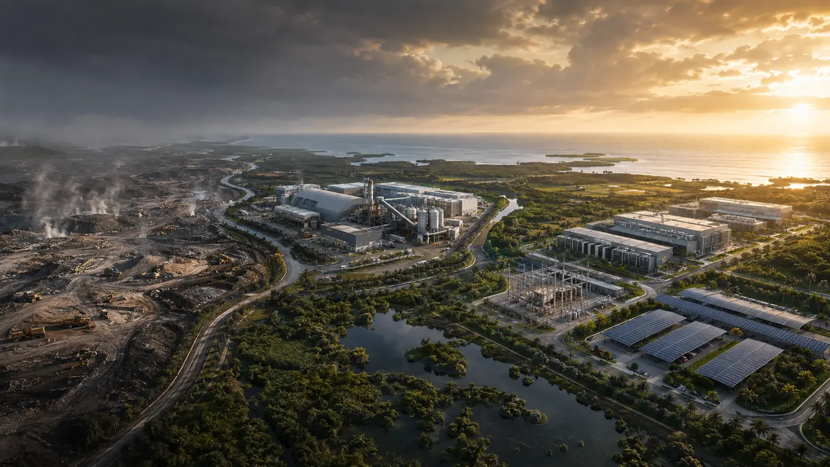 A coastal industrial campus at sunset beside a reclaimed site