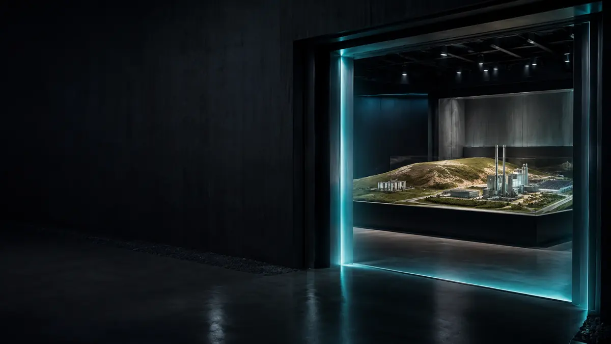 A lit doorway opening onto a scale model of a waste-to-fuel plant
