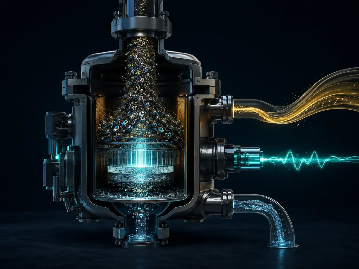 Cutaway of a gasifier turning prepared fuel into gas, power and clean water