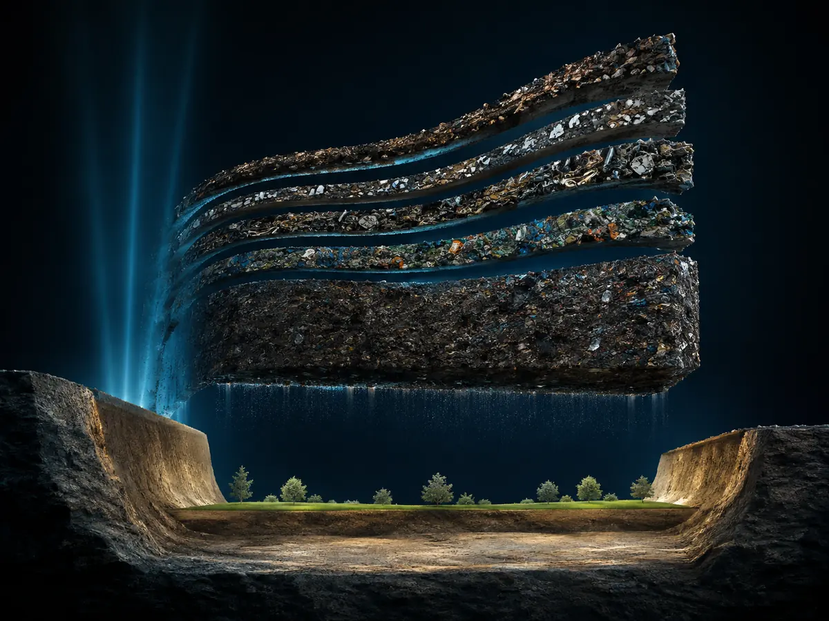 Layers of an old landfill lifted away, leaving clean ground and young trees