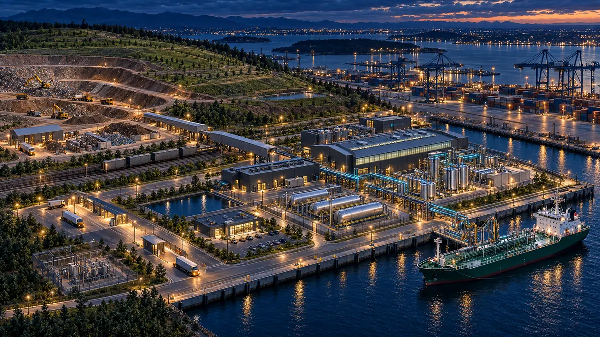 A port-side methanol plant at dusk, with a tanker loading at the quay