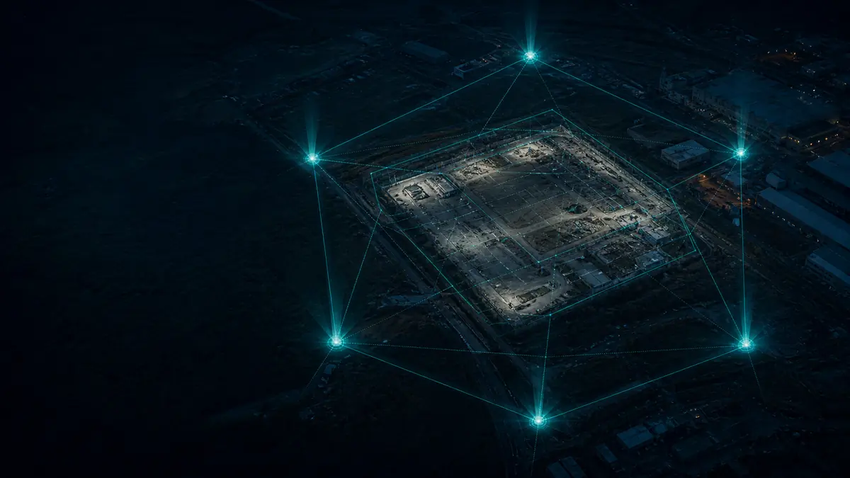 A site at night, outlined by survey markers